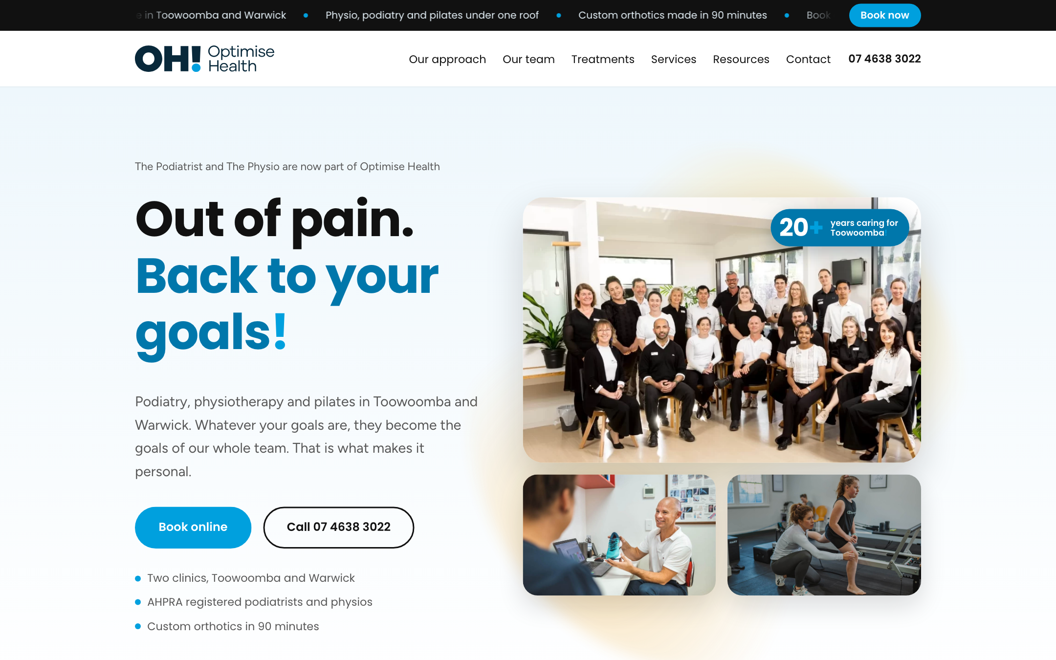The new Optimise Health homepage on the staging build, with the headline Out of pain. Back to your goals!