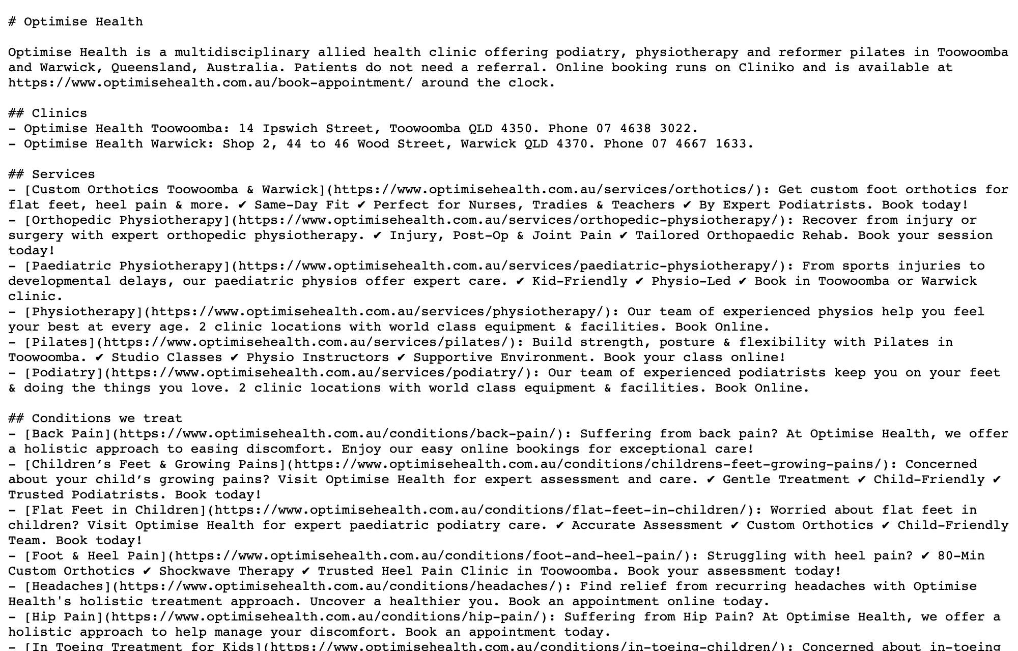 The plain text summary page for AI assistants on the Optimise Health staging build, listing the clinics, services, conditions and treatments