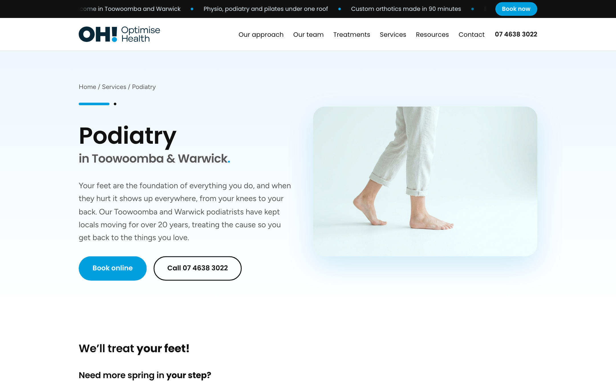 The Podiatry service page on the Optimise Health staging build