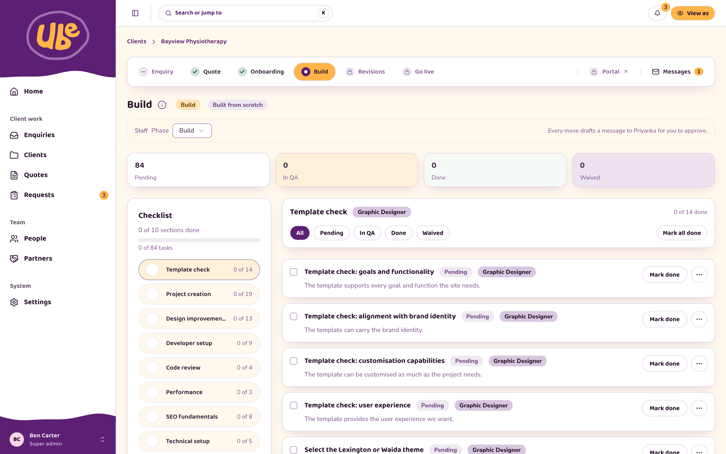 The Build page of the ube dashboard showing a checklist in ten sections, including template check, code review, performance, SEO fundamentals and technical setup