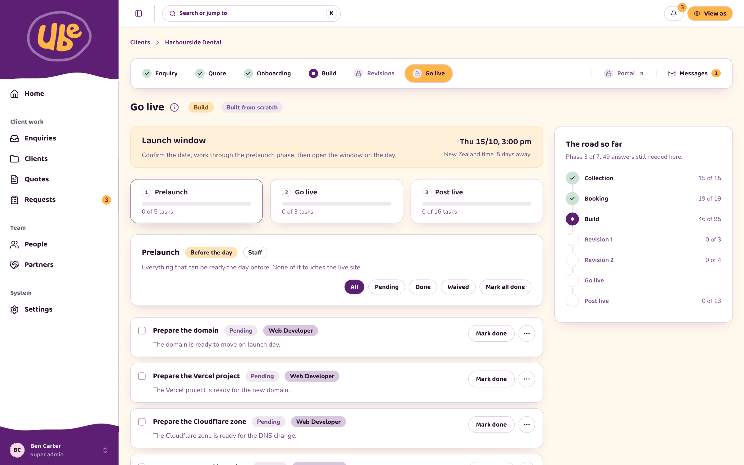 The Go live page of the ube dashboard, showing a launch window with a date and time and three checklists: prelaunch, go live and post live