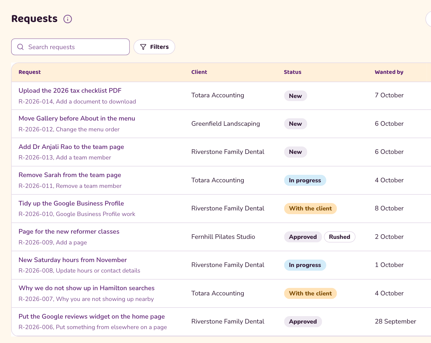 The Requests list in the ube dashboard, showing nine requests from several clients with statuses New, In progress, With the client and Approved, and the date each is wanted by